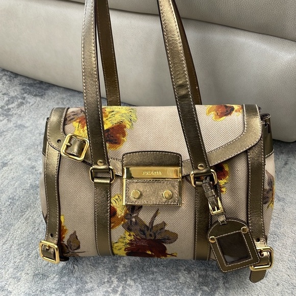 Vintage Prada Canapa St Rose Saffiano Trim Floral Satchel Shoulder Bag - Picture 1 of 17